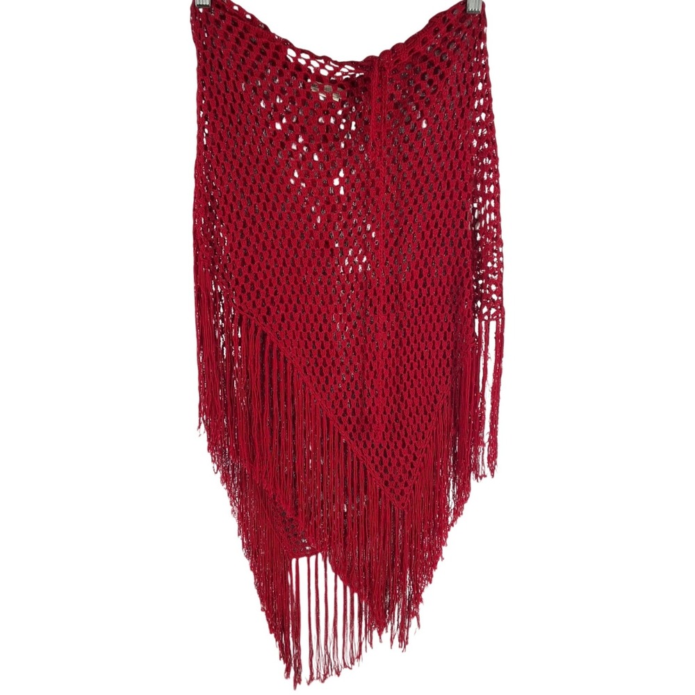 Vintage Y2K Faded Glory Red Crochet Knit Fringe Poncho Shawl Boho Festival OS - Picture 2 of 5